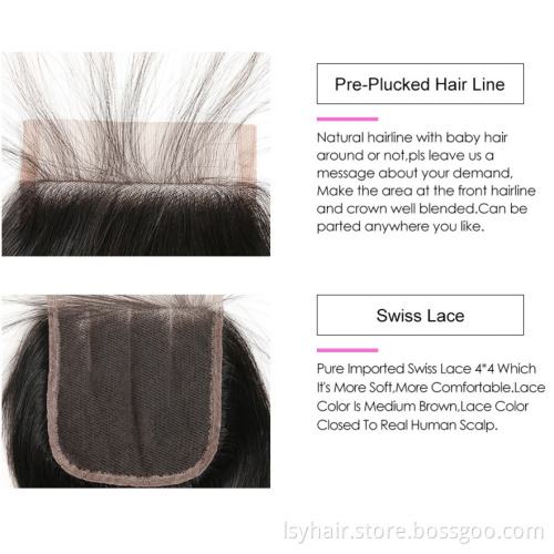 Lsy Brazilian Body Wave Human Hair Lace Closure 4"*4" Natural Free Part Middle Part Three Part Human Hair Weave Closures